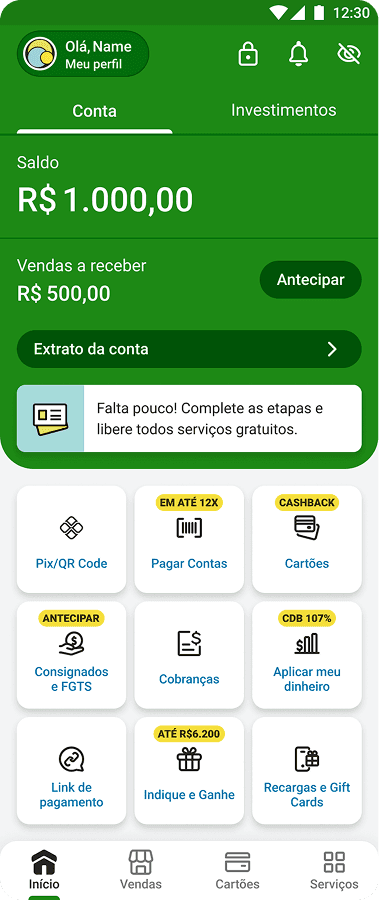 Interface do app PagBank em smartphone com saldo de R$ 1.000,00, opção de antecipar R$ 500,00 em vendas e acesso rápido a serviços como Pix, cartões com cashback, FGTS, CDB 107% e recargas. Navegação por abas e barra inferior ativa.