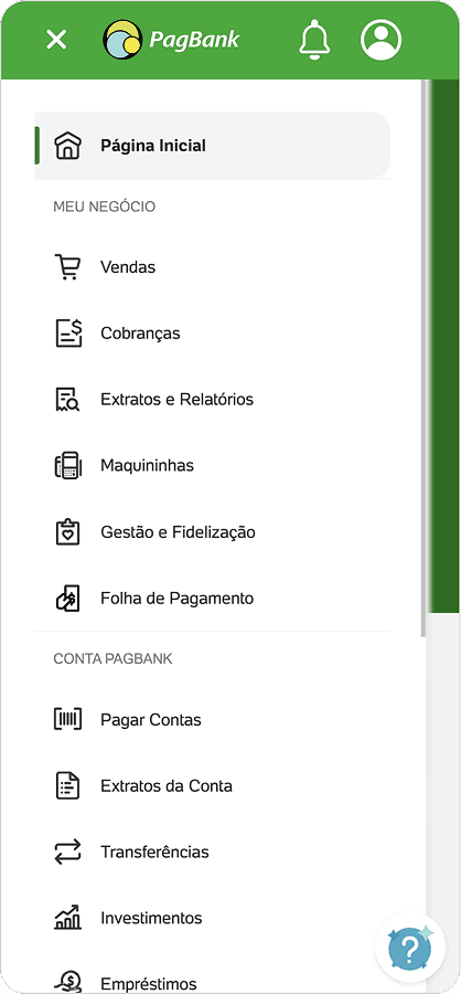 Menu lateral do Ibanking PagBank com opções como Vendas, Cobranças, Extratos, Maquininhas, Investimentos e Empréstimos, além de acesso à Página Inicial e botão de ajuda.