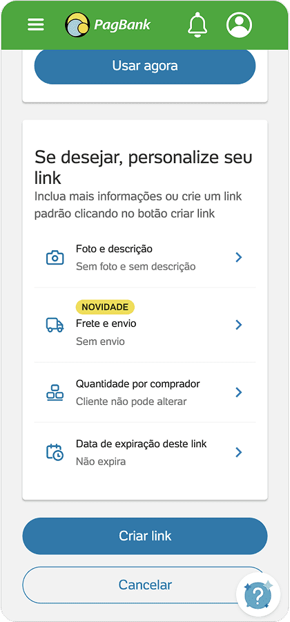 Tela de personalização de link no Ibanking PagBank com opções de foto, frete, quantidade e validade, além de botões para criar ou cancelar o link.